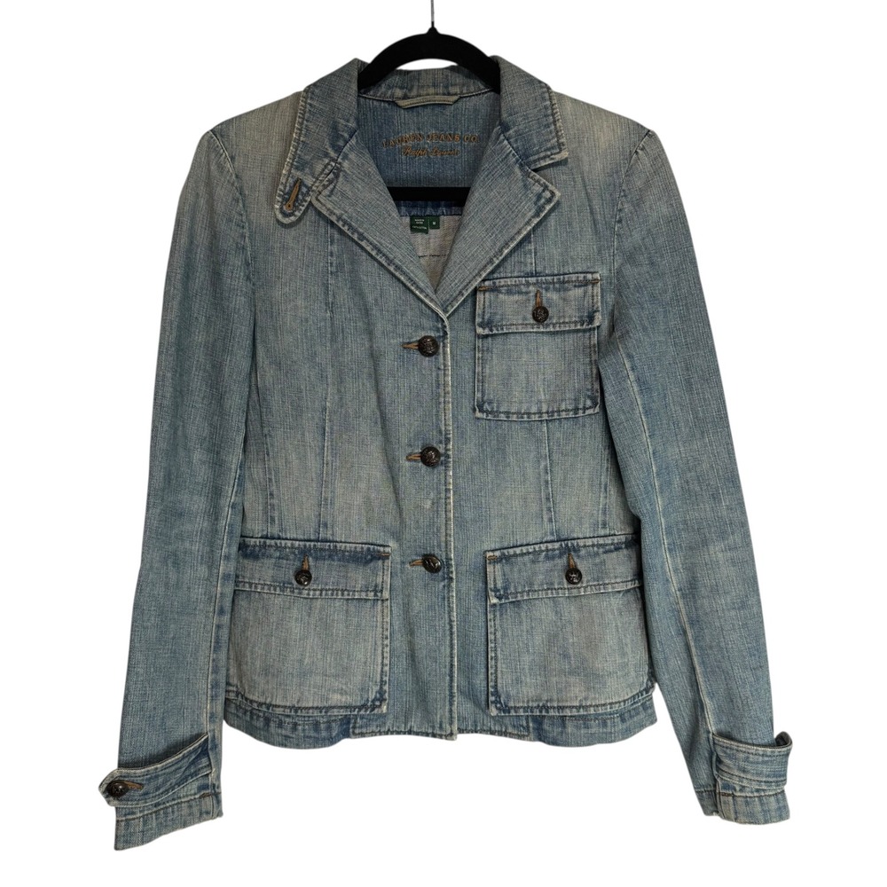 Lauren Jeans Co Denim Jacket Distressed Light Wash Button Front Women's M